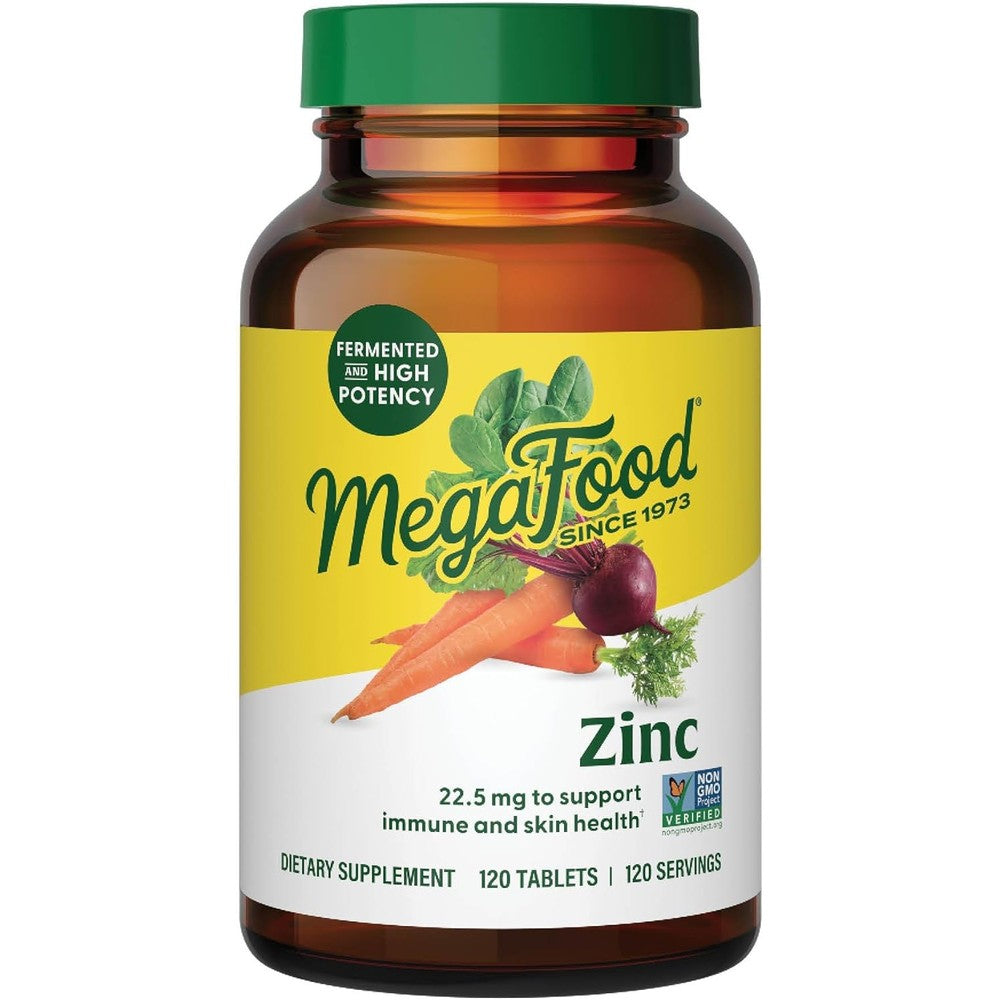 MegaFood Zinc Supplement 120 tablets front view bottle packaging for premium immune support
