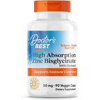 Doctor's Best High Absorption Zinc Bisglycinate 90 capsules front view showing bottle label and immune support benefits.