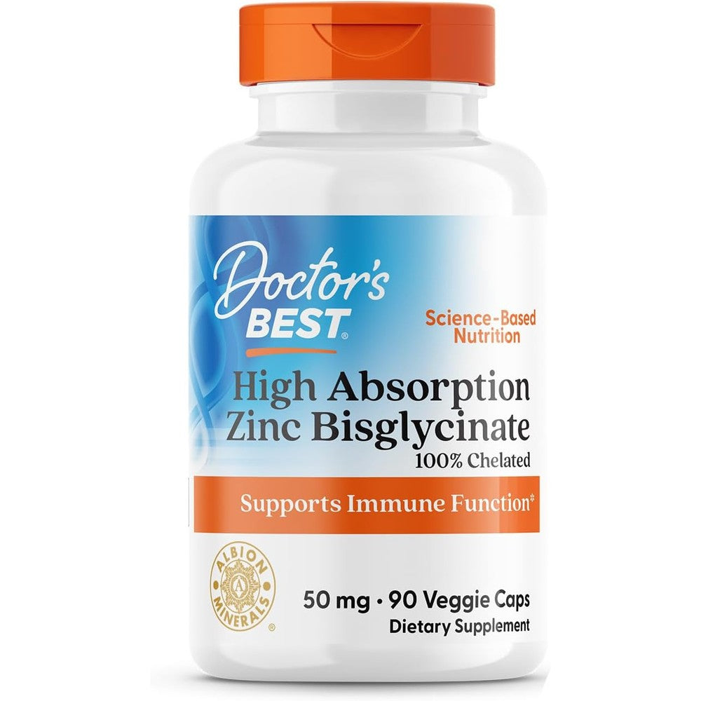 Doctor's Best High Absorption Zinc Bisglycinate 90 capsules front view showing bottle label and immune support benefits.