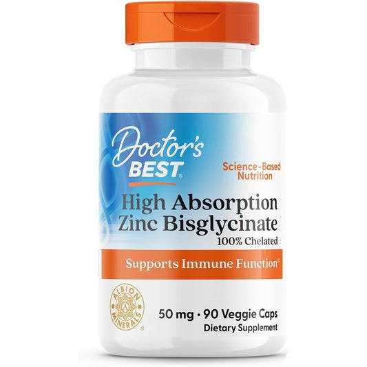 Doctor's Best High Absorption Zinc Bisglycinate 90 capsules front view showing bottle label and immune support benefits.