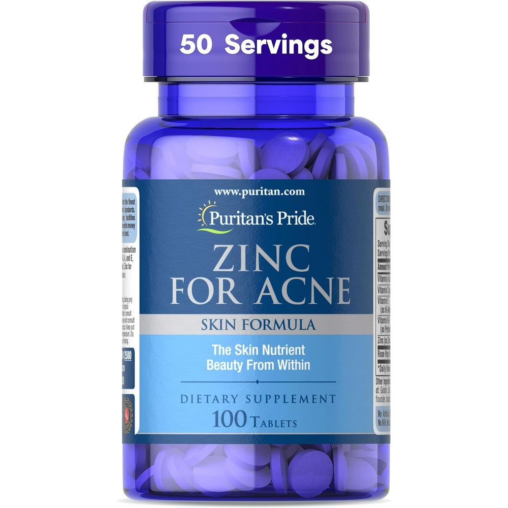 Puritans Pride Zinc for Acne 100 tablets front view clear skin supplement