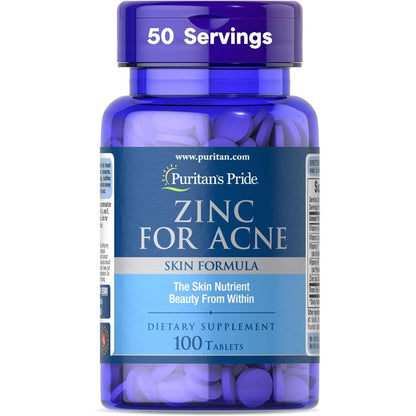 Puritans Pride Zinc for Acne 100 tablets front view clear skin supplement