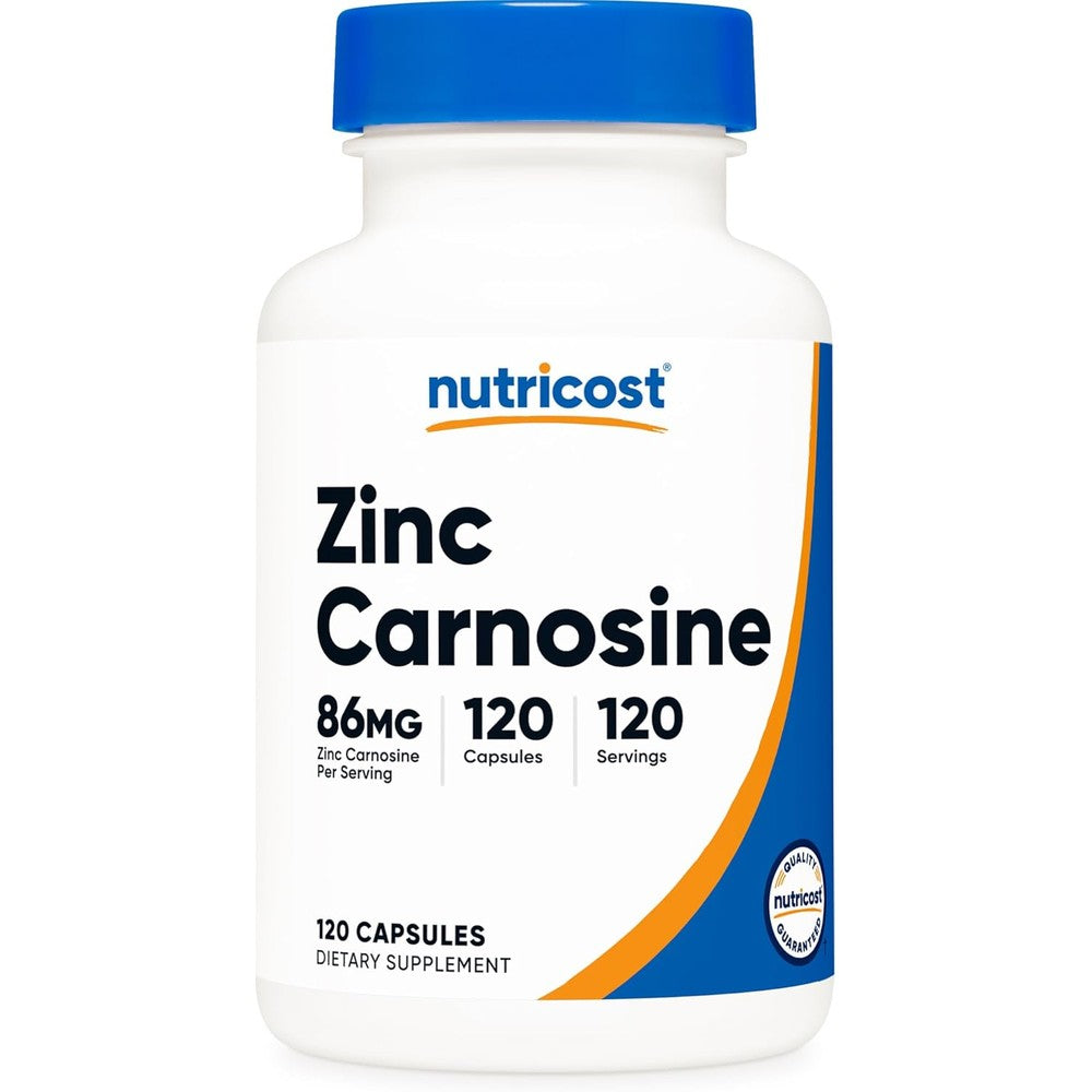 Nutricost Zinc Carnosine eighty-six milligrams front view bottle showing one hundred and twenty capsules count