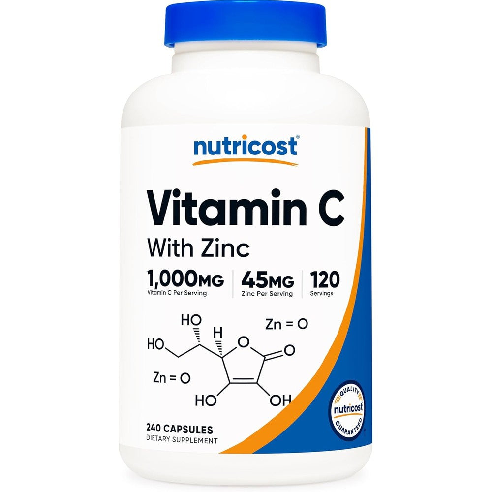 Nutricost Vitamin C 1000mg and Zinc 45mg front view bottle for immune support