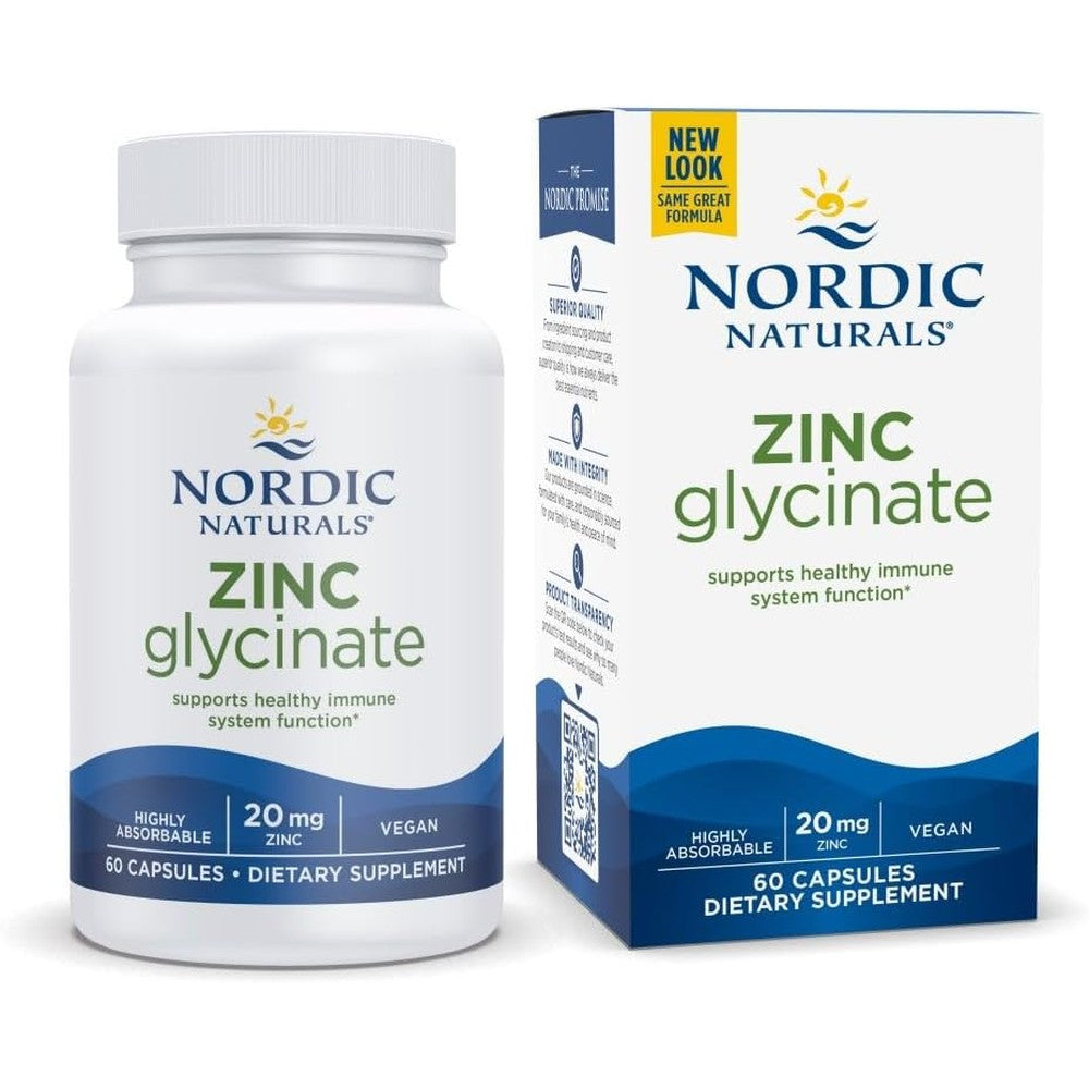 Nordic Naturals Zinc Glycinate 60 capsules front view bottle showing 20 mg serving for immune support