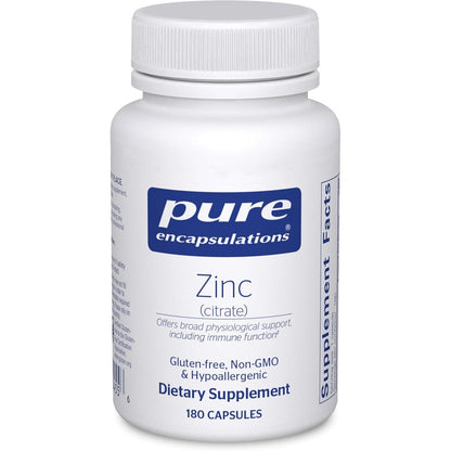 Pure Encapsulations Zinc Citrate 180 capsules bottle front view for premium immune support