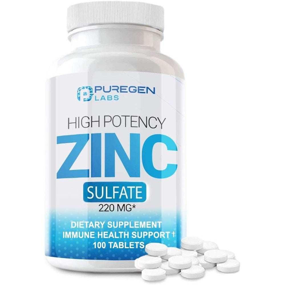 Puregen Labs Zinc 220mg high potency tablets for antioxidant and immune support