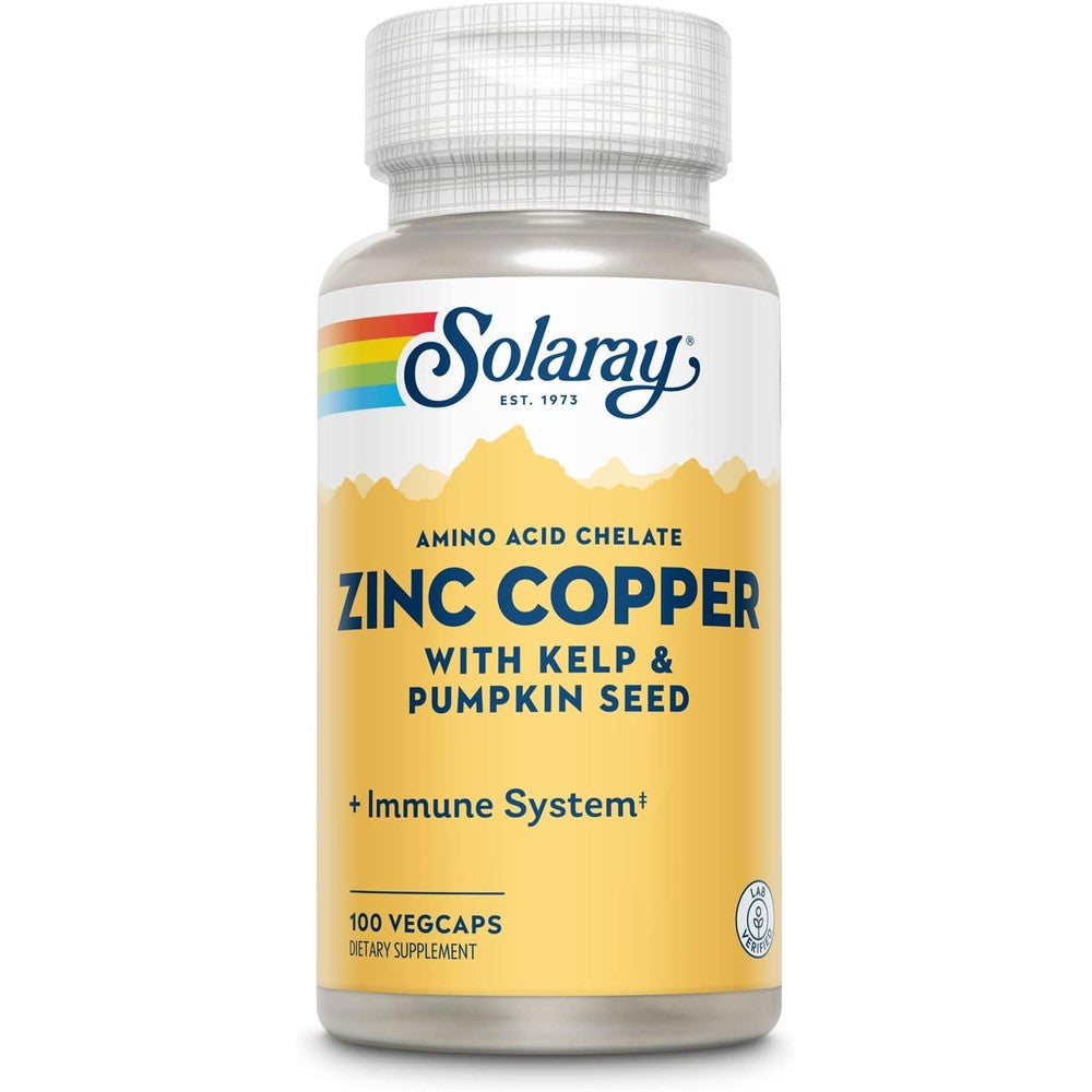 Solaray Zinc Copper Amino Acid Chelate one hundred vegetarian capsules bottle front view.