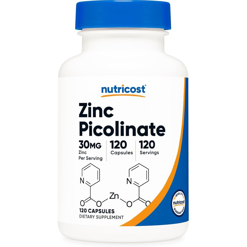 Nutricost Zinc Picolinate 30mg 120 vegetarian capsules front view bottle for immune support