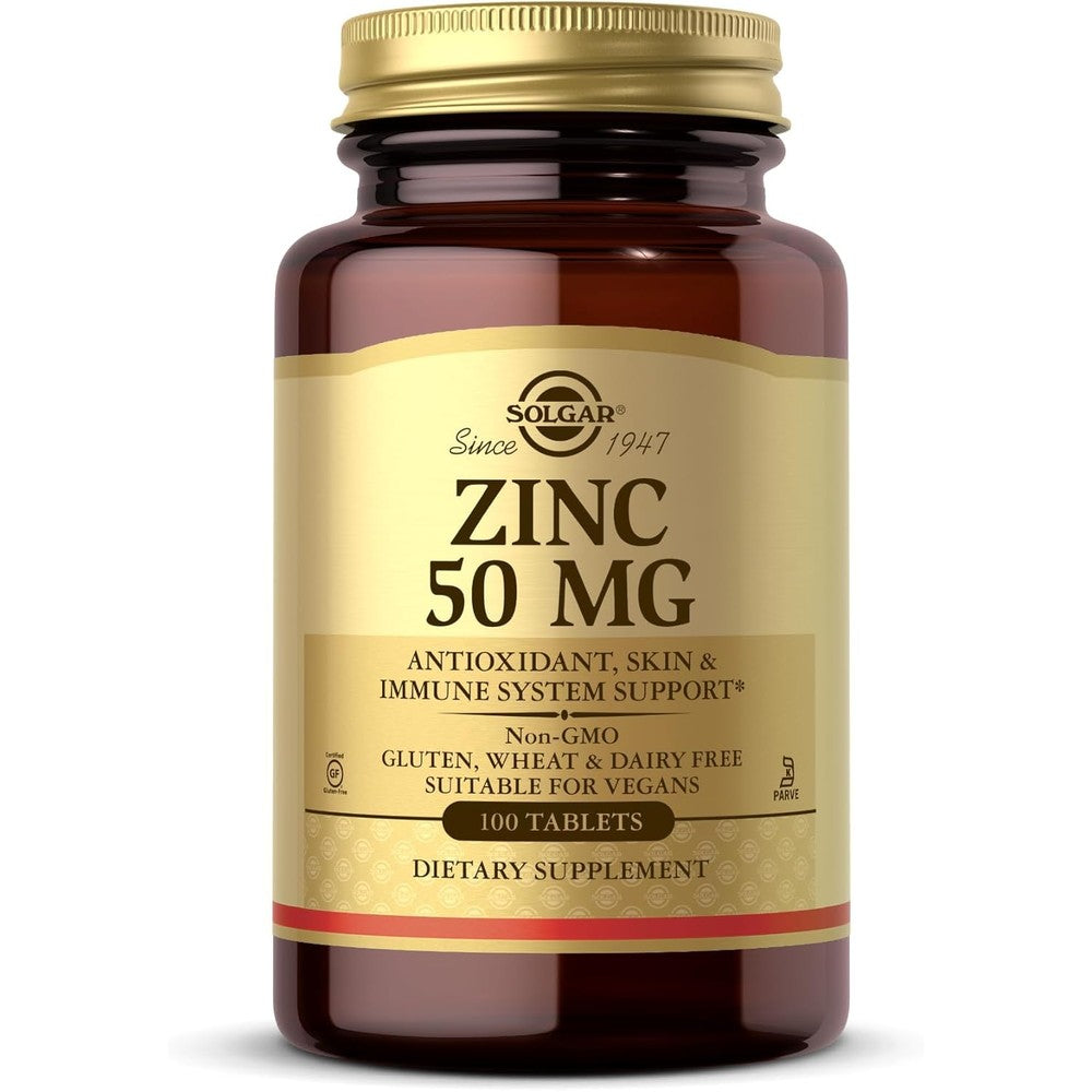 Solgar Zinc 50mg 100 vegetarian tablets front bottle view for immune system support