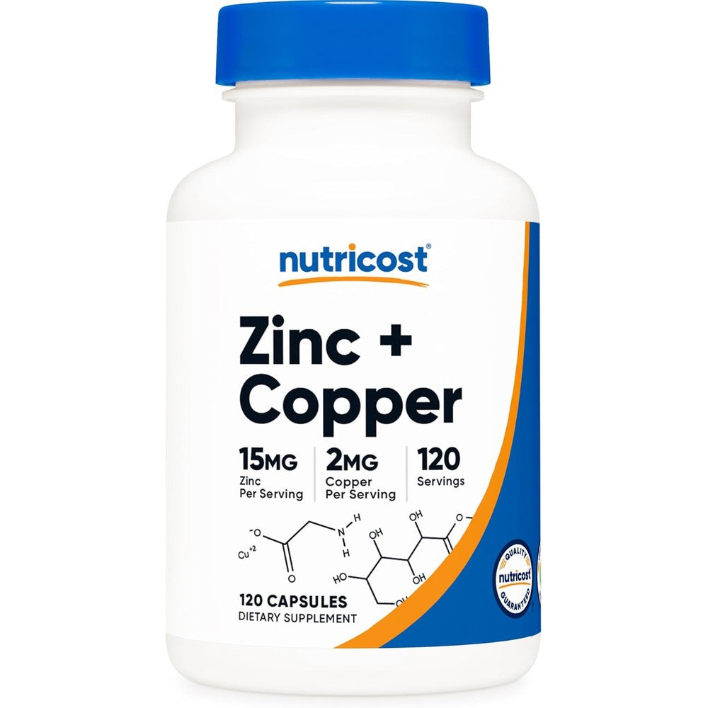Nutricost Zinc and Copper Balance 120 capsules front bottle view for immune system health