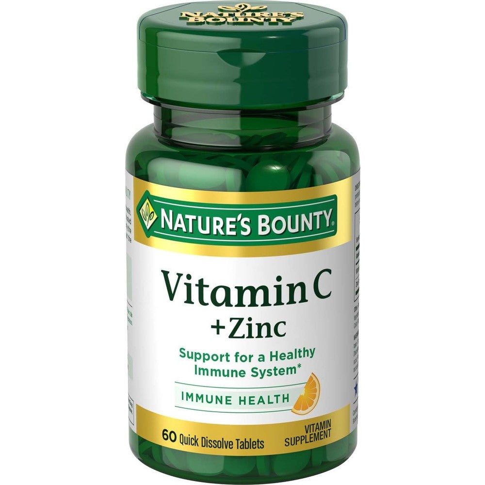 Nature's Bounty Vitamin C Plus Zinc quick dissolve tablets front view bottle for immune support.