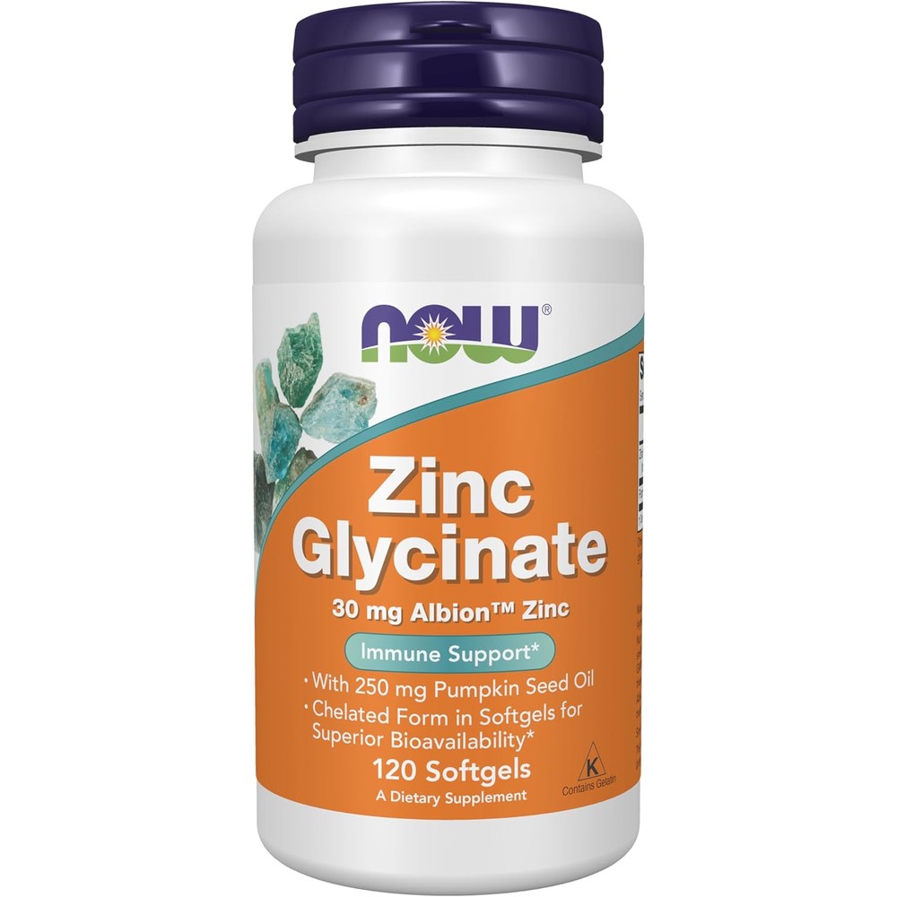 NOW Foods Zinc Glycinate 30 mg bottle front view showing prostate health support benefits