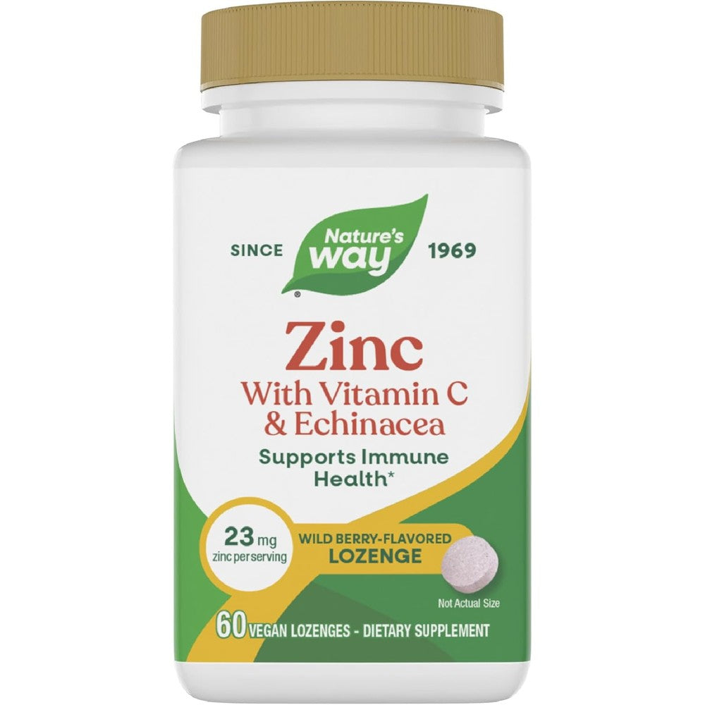 Nature's Way Zinc Lozenges 60 count front bottle view for immune support.