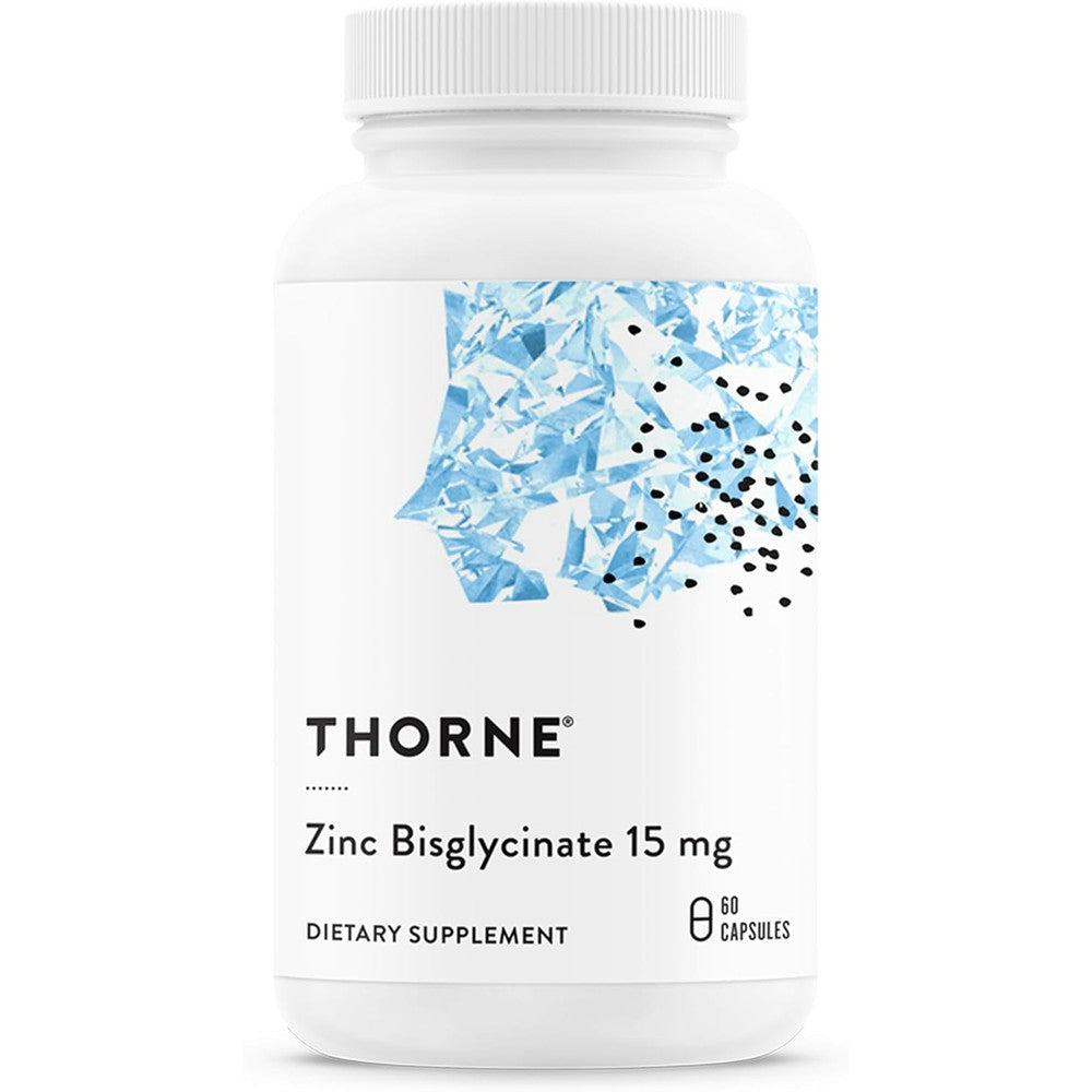 Thorne Zinc Bisglycinate 60 capsules front view showing premium chelated mineral supplement packaging for immune health.