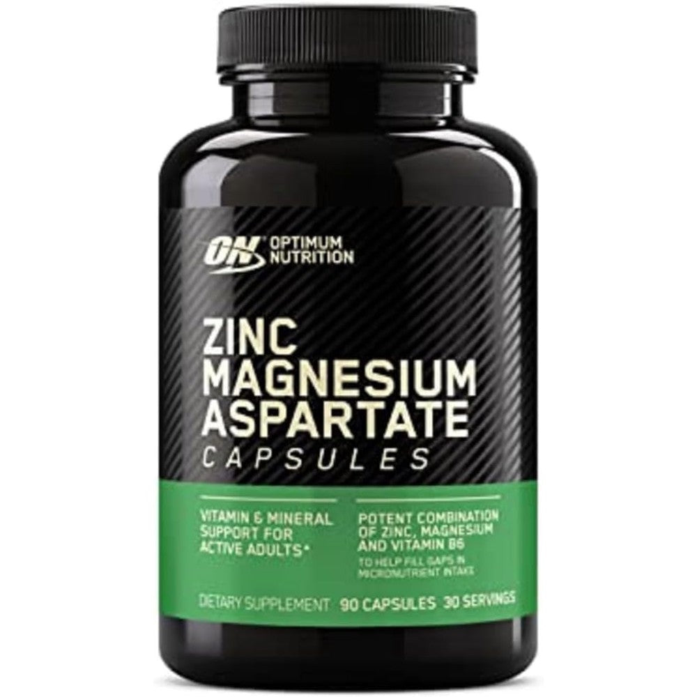 Optimum Nutrition ZMA 180 Capsules front view showing muscle recovery and endurance label.