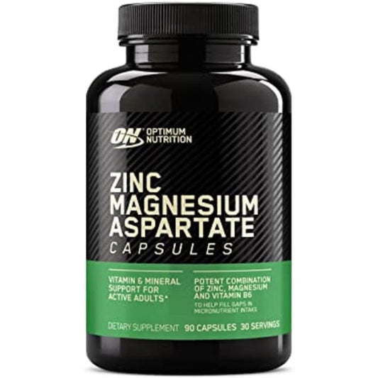 Optimum Nutrition ZMA 180 Capsules front view showing muscle recovery and endurance label.