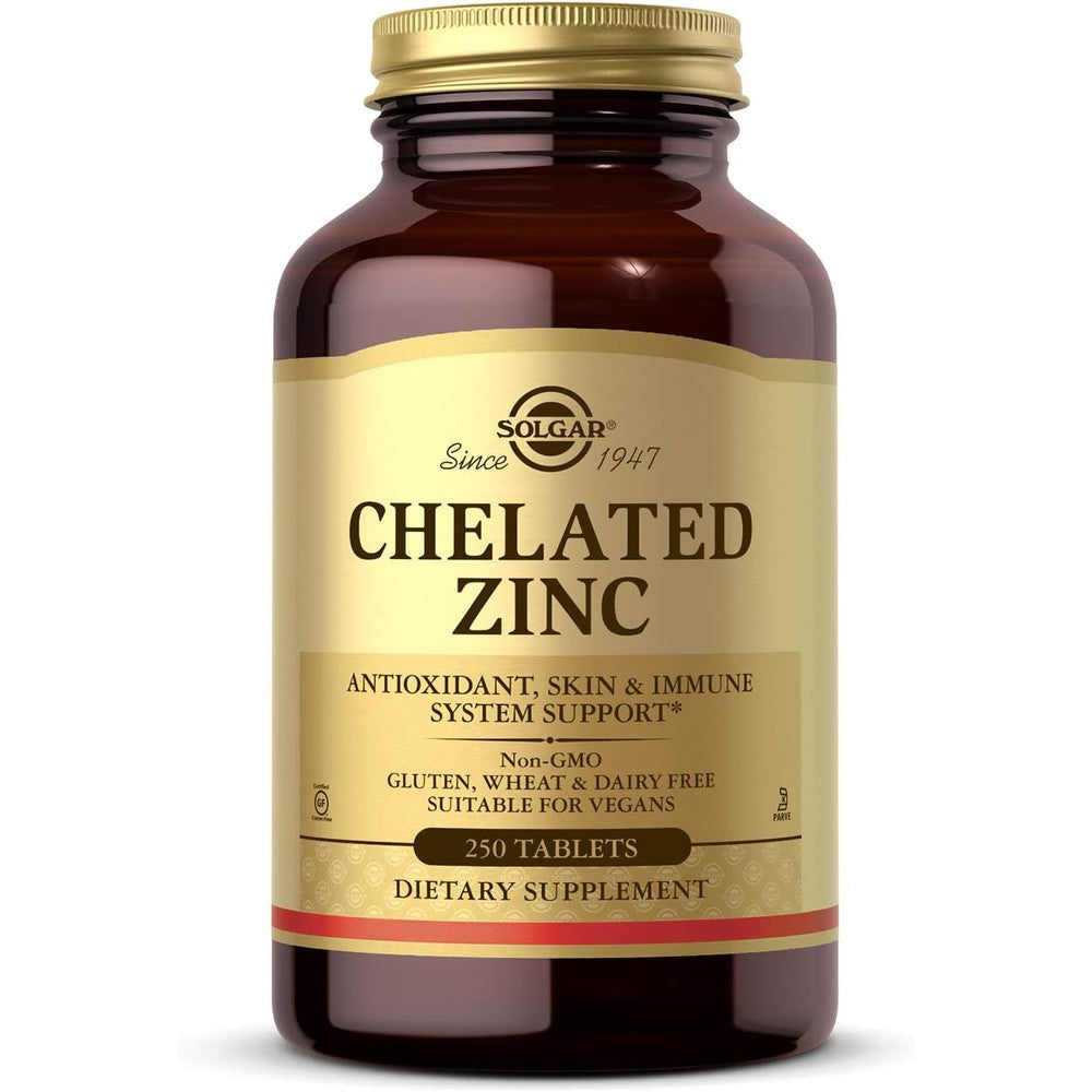 Solgar Chelated Zinc 22mg 250 vegetarian tablets amber glass bottle front view for premium immune support.