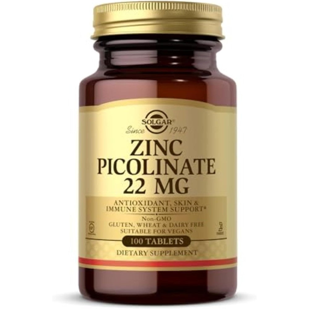 Solgar Zinc Picolinate 22 mg 100 Vegan Tablets front bottle view for immune support