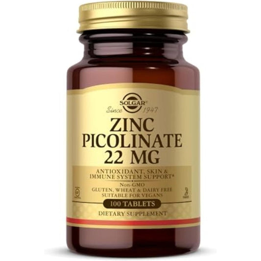 Solgar Zinc Picolinate 22 mg 100 Vegan Tablets front bottle view for immune support