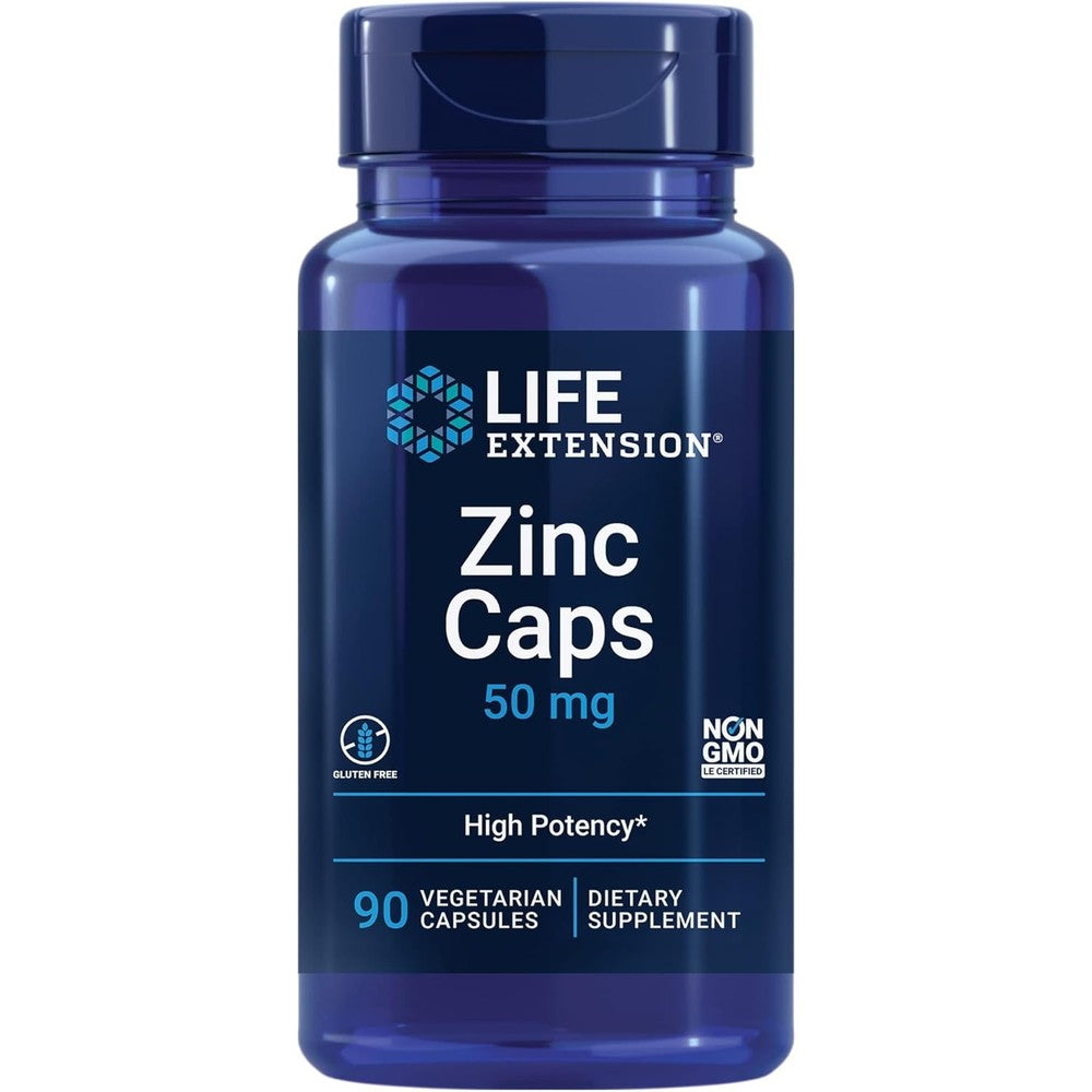 Life Extension Zinc Caps fifty milligram ninety vegetarian capsules front bottle view