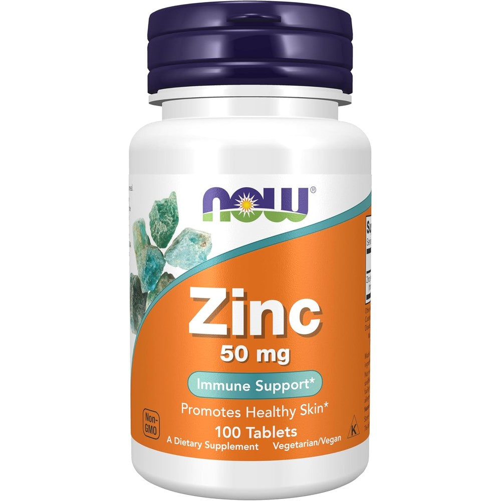NOW Foods Zinc Gluconate 50mg front view bottle for immune support