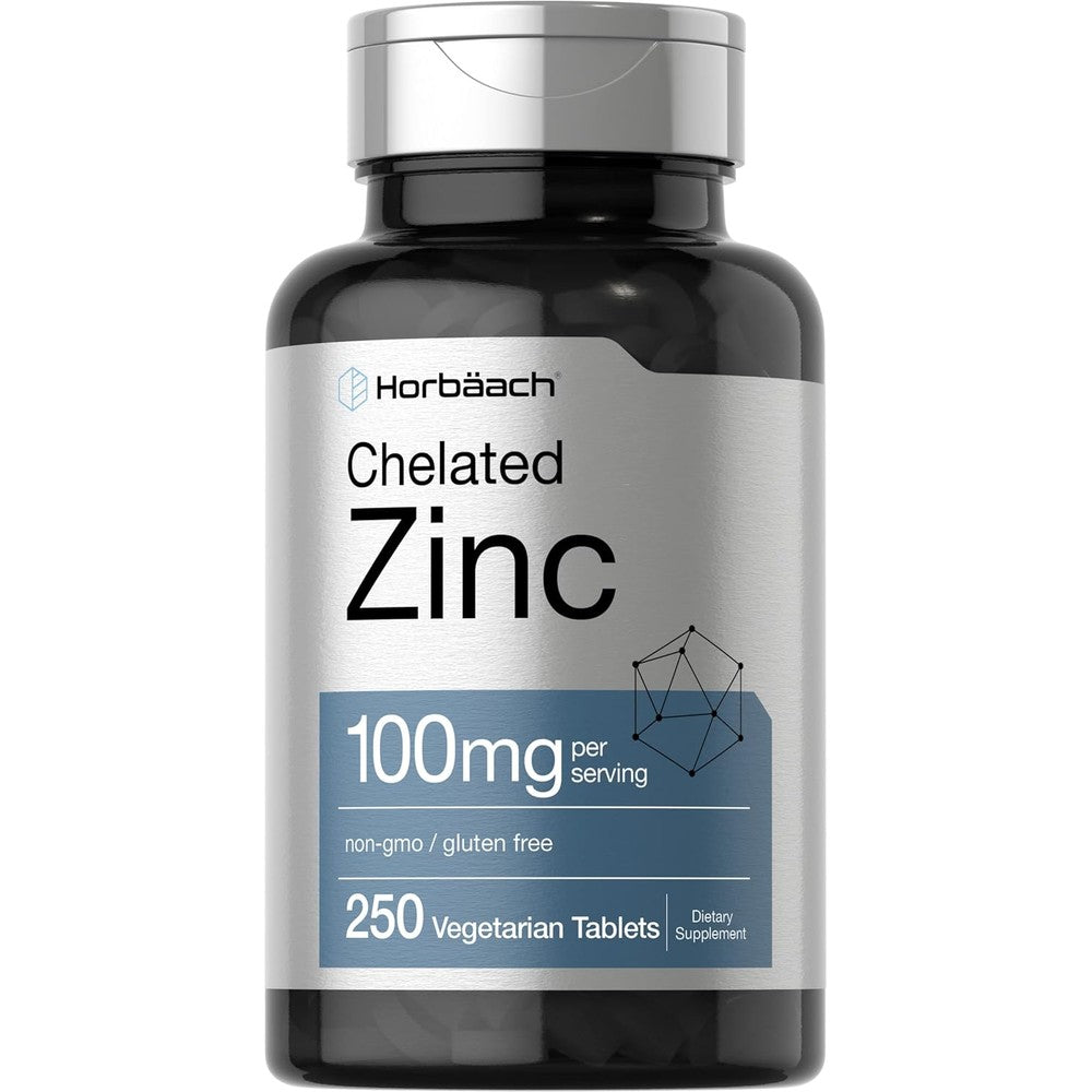Horbäach Chelated Zinc 100 mg 250 vegetarian tablets front label bottle view