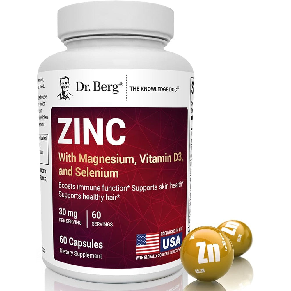 Dr. Berg Zinc 30mg Enhanced front view bottle showing premium immune support capsules