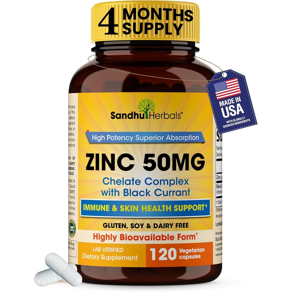 Sandhu Herbals Zinc 50mg Capsules front view of bottle for immune support
