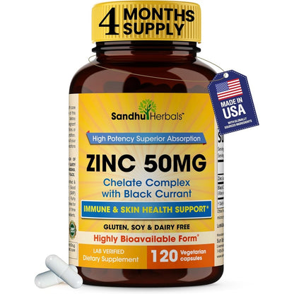 Sandhu Herbals Zinc 50mg Capsules front view of bottle for immune support