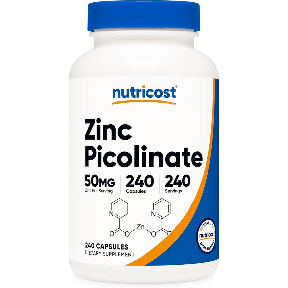 Nutricost Zinc Picolinate 50mg 240 Vegetarian Capsules front view bottle for immune support