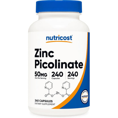 Nutricost Zinc Picolinate 50mg 240 Vegetarian Capsules front view bottle for immune support