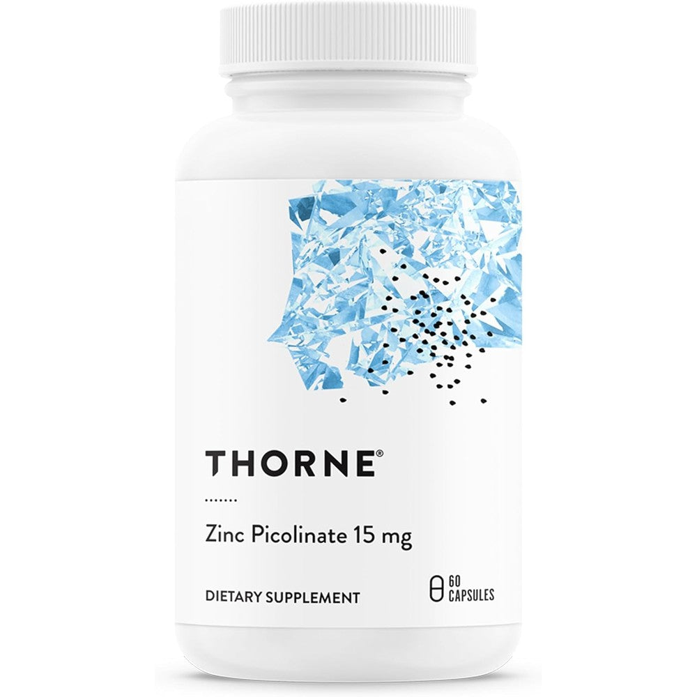Thorne Zinc Picolinate 15 mg supplement bottle front view showing clean white labels