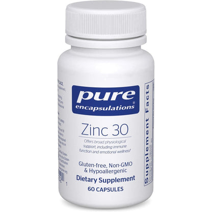 Pure Encapsulations Zinc 30 mg front view bottle showing premium immune support supplement