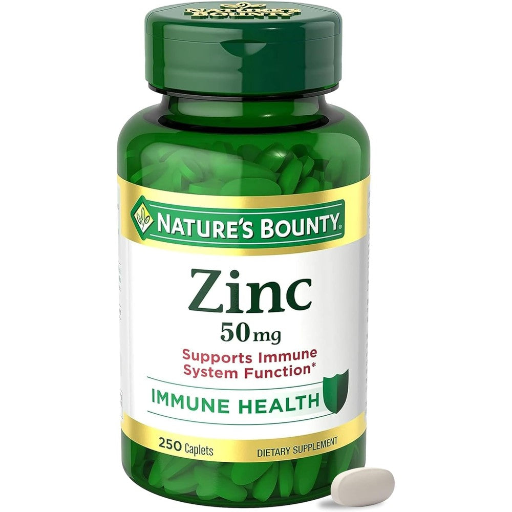 Nature's Bounty Zinc 50mg 250 vegetarian caplets front view bottle for immune support