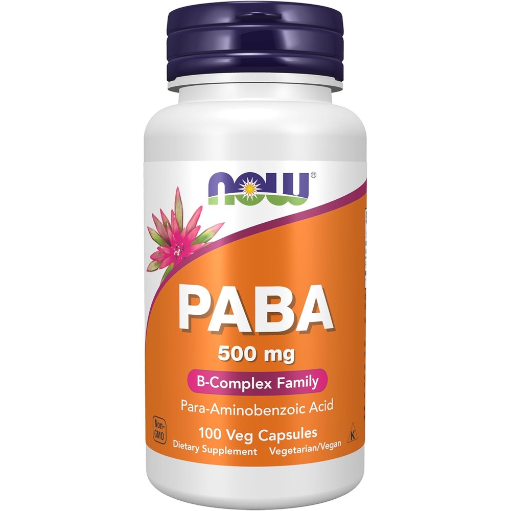 NOW Foods PABA 500 mg 100 vegetarian capsules front bottle view for B complex supplement needs