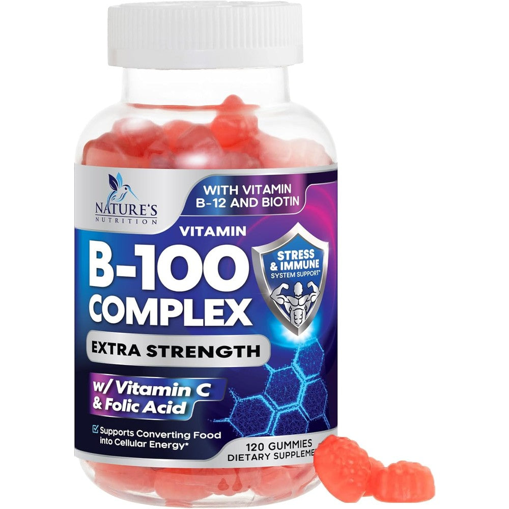 Nature's Nutrition Vitamin B Complex Gummies front view of bottle containing 120 strawberry supplements for energy
