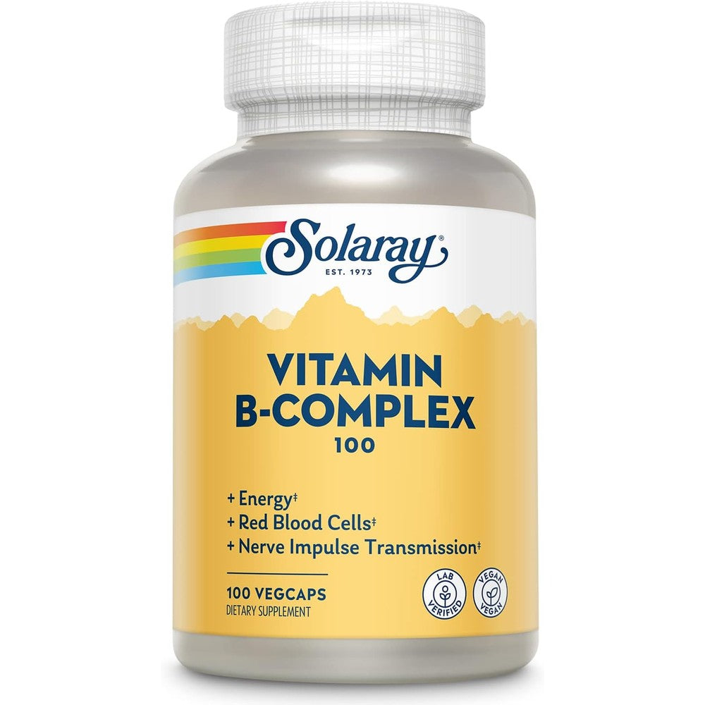 Solaray Vitamin B Complex 100mg front view bottle containing 100 vegetarian capsules