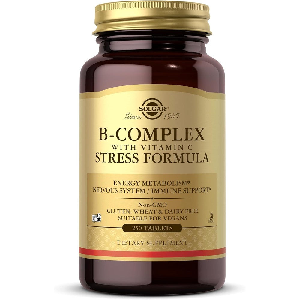 Solgar B Complex with Vitamin C Stress Formula 250 Tablets front bottle view for energy support