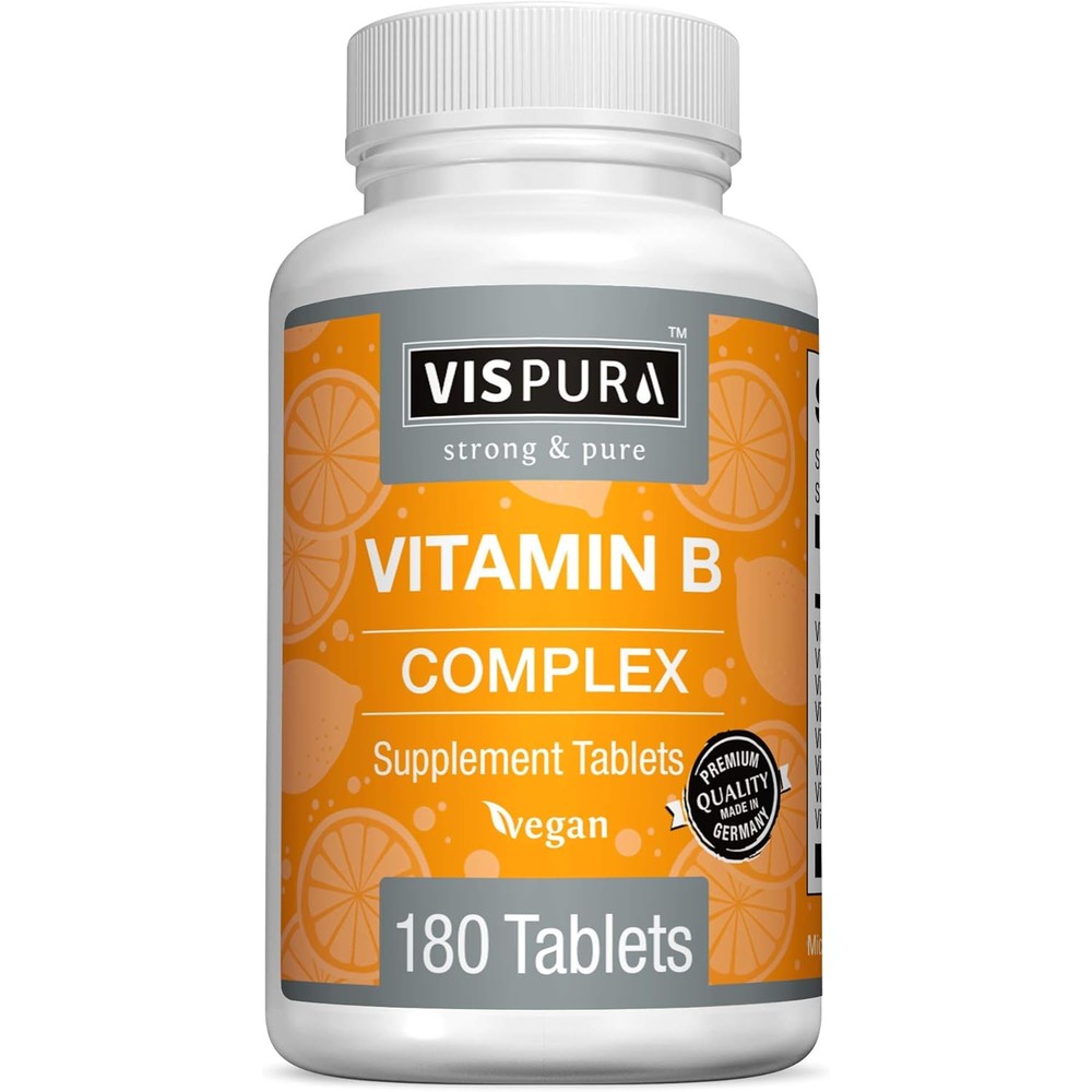Vispura Vitamin B Complex 180 vegan tablets front view bottle packaging.