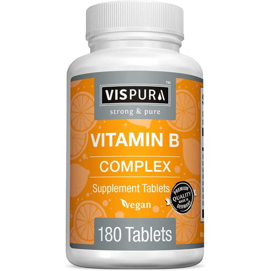 Vispura Vitamin B Complex 180 vegan tablets front view bottle packaging.