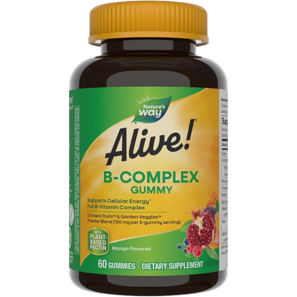 Nature's Way Alive Vitamin B Complex Mango Gummies front view bottle for adult cellular energy support.