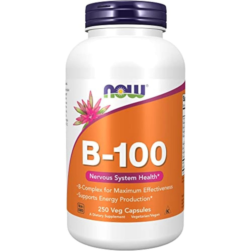 NOW Foods Vitamin B 100 B Complex 250 vegetarian capsules front bottle view for energy metabolism support.