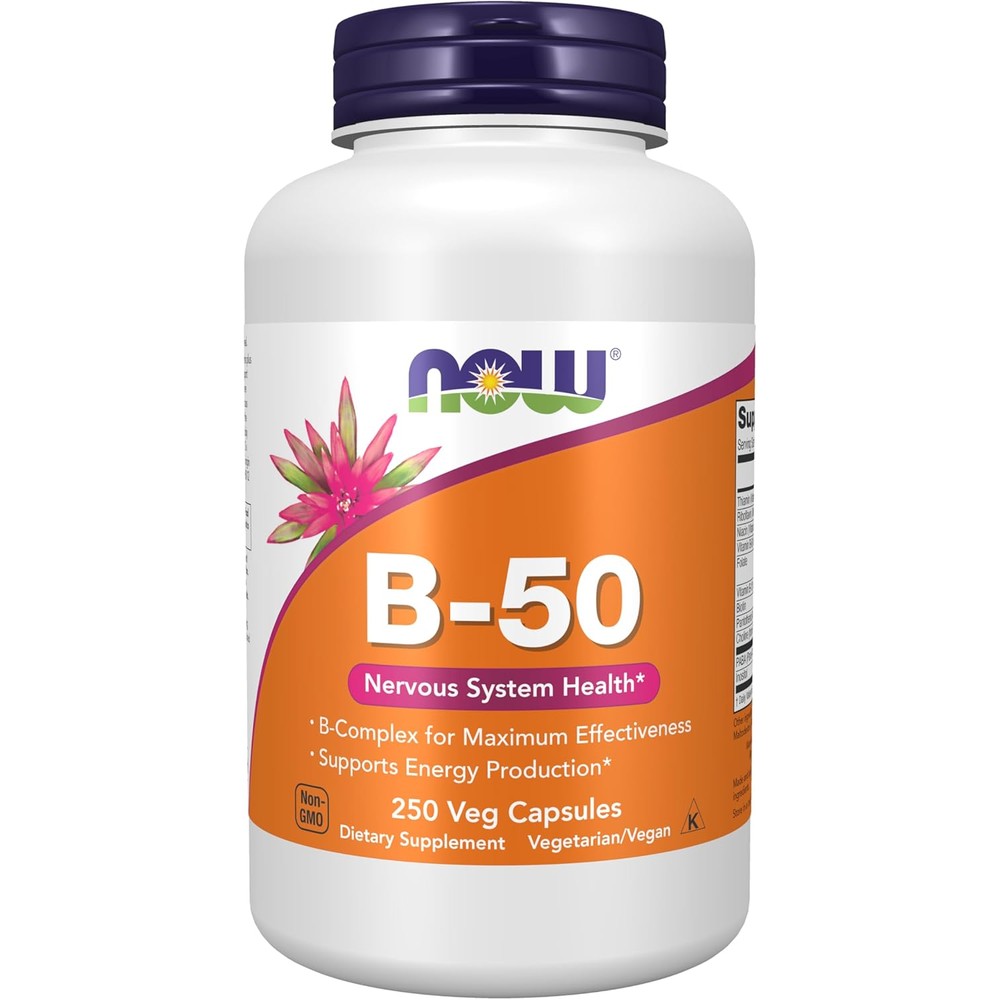 NOW Foods Vitamin B 50 Complex 250 vegetarian capsules front bottle view for natural energy production.