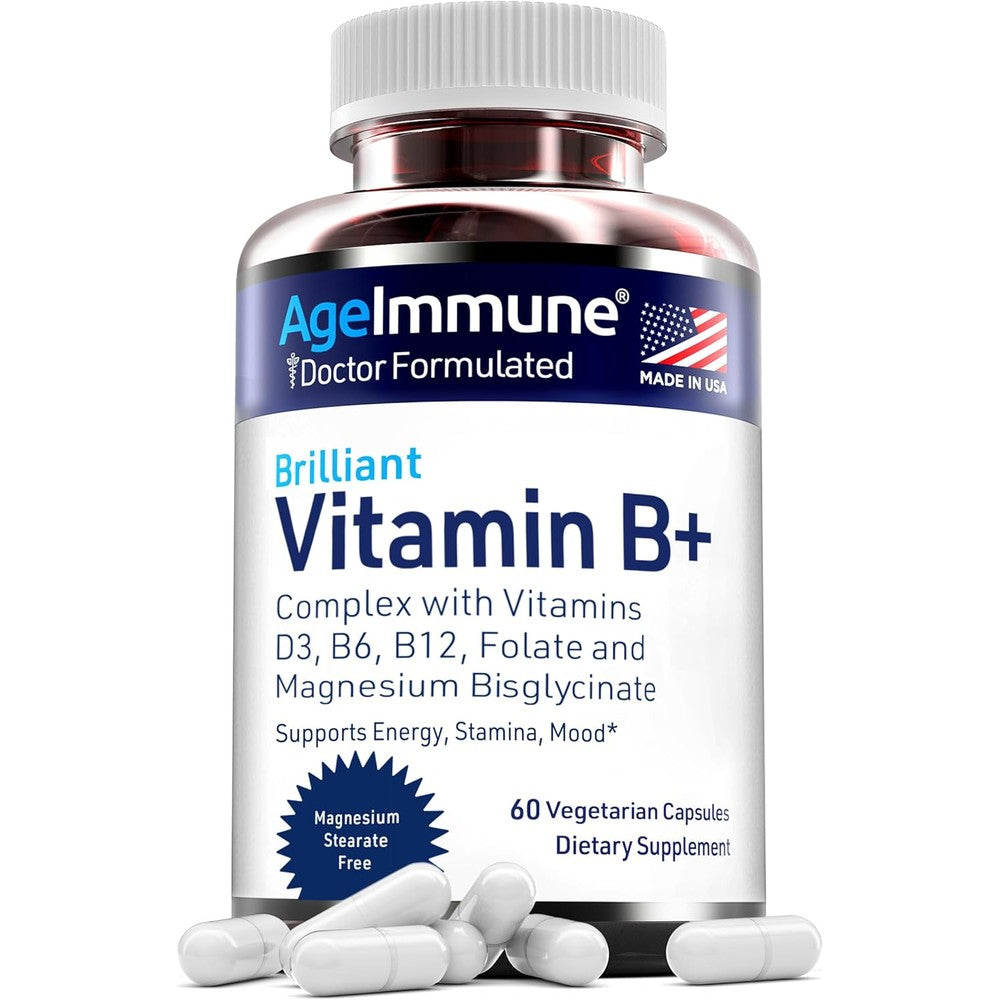 AgeImmune Vitamin B Complex front view bottle showing 60 vegetarian capsules