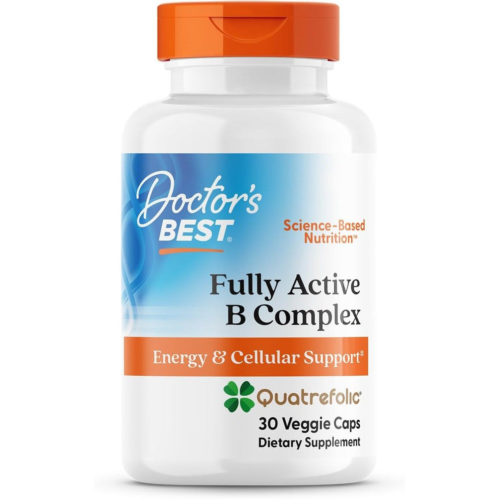 Doctor's Best Fully Active B Complex 30 Veggie Capsules front view showing the label and Quatrefolic logo.