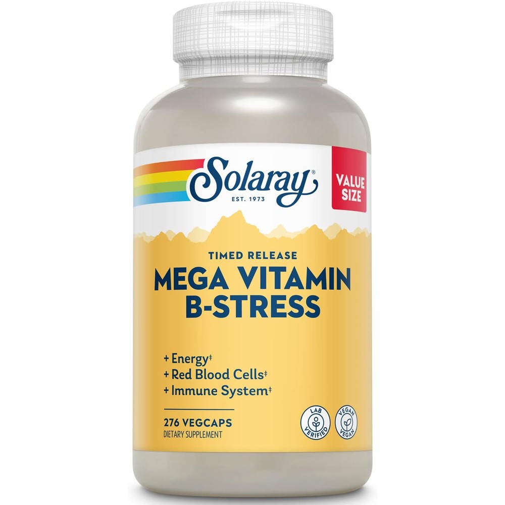 Solaray Mega Vitamin B Stress 276 Vegan Capsules front bottle view displaying the clean white label and timed release badge