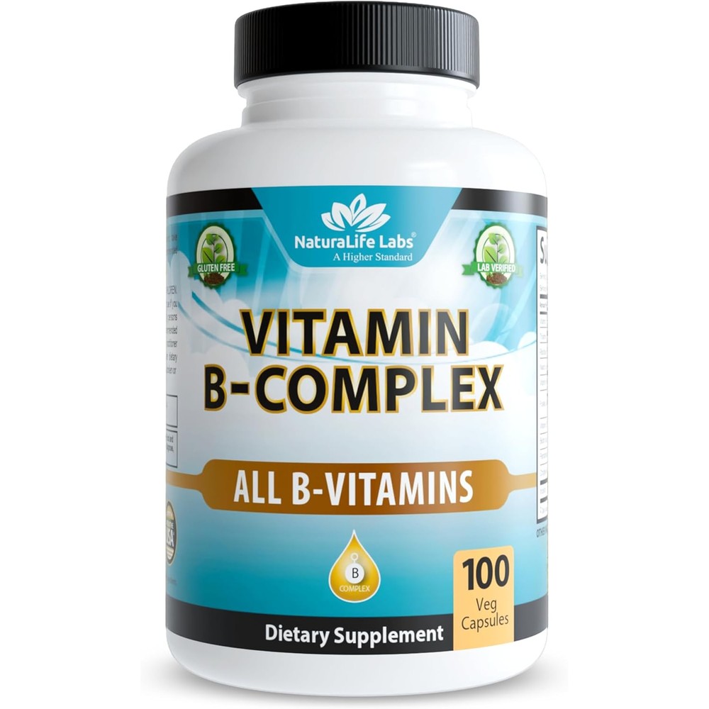 NaturaLife Labs Vitamin B Complex 100 capsules front view bottle showing premium vegan energy supplement