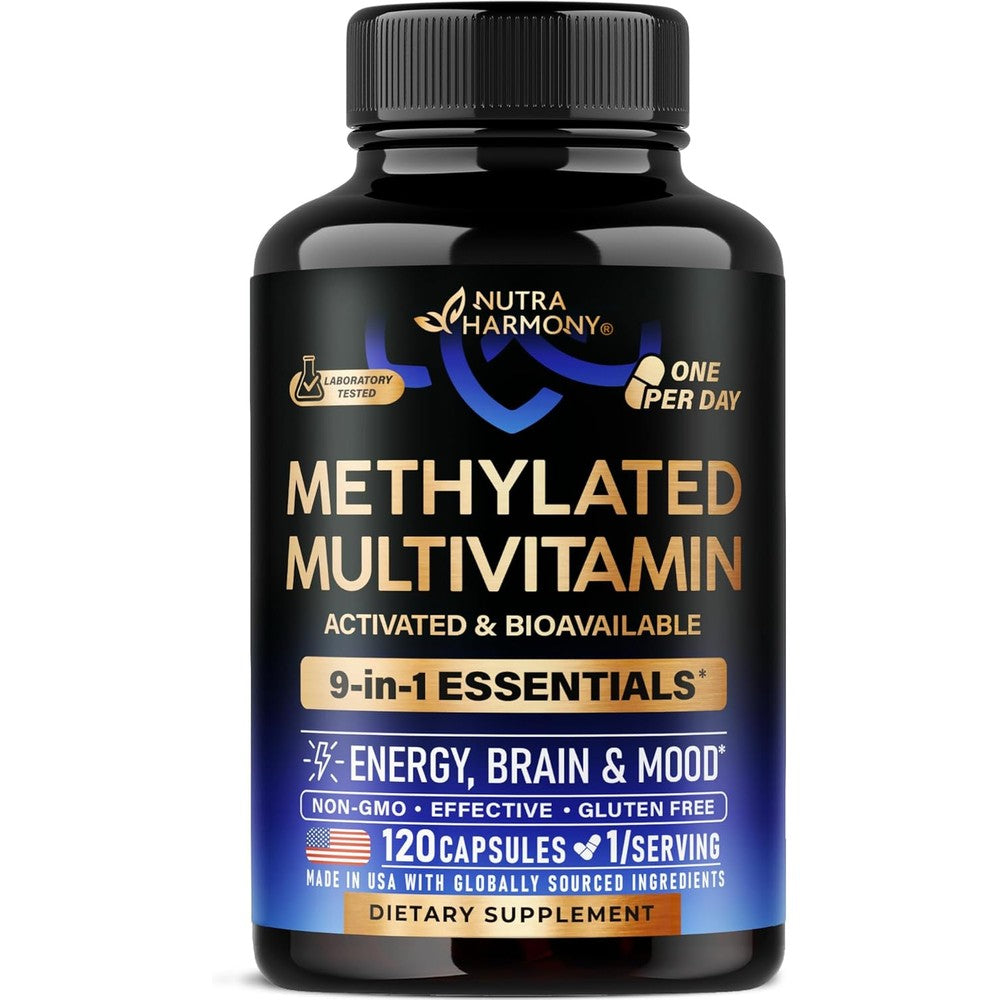 Nutraharmony Methylated Multivitamin 120 capsules bottle front view showing 9 in 1 active formulation.