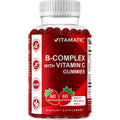 Vitamatic Vitamin B Complex Gummies front view bottle showing natural strawberry flavor details.